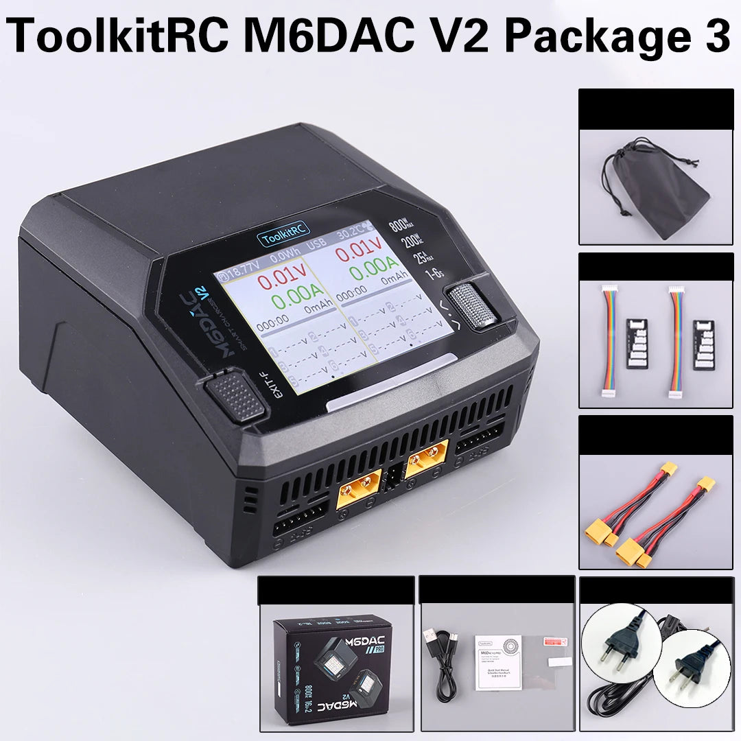 ToolkitRC M6DAC PRO V2 Dual Channel Smart Lipo Battery Charger Discharger AC 200W DC 800W 16A for 1-6S LiHV LiPo PD65W FPV Drone