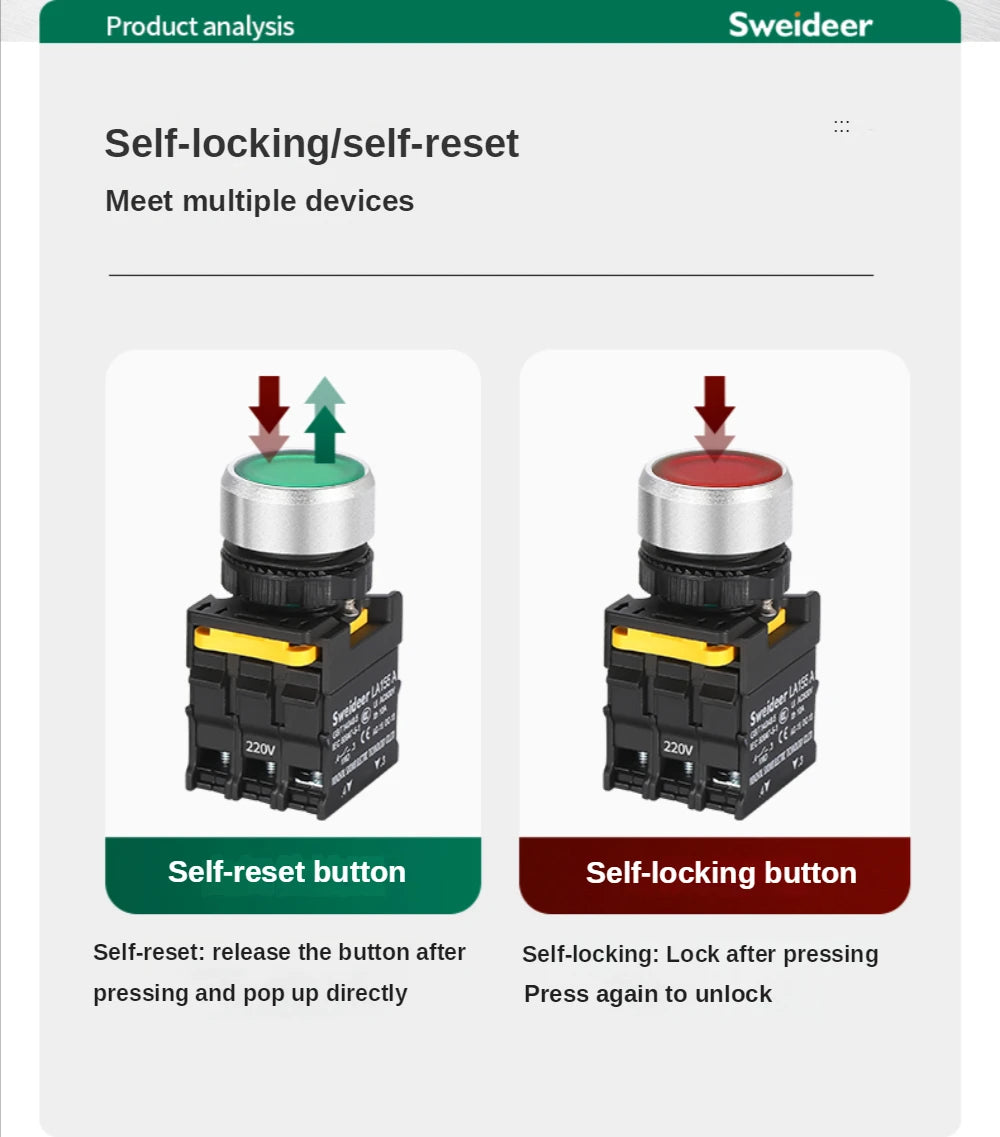 Push Button on Off Switch with LED 22mm Momentary Reset Self Locking Waterproof  Power Switch with Light 12V 24V 220V 10A 1NO2NC