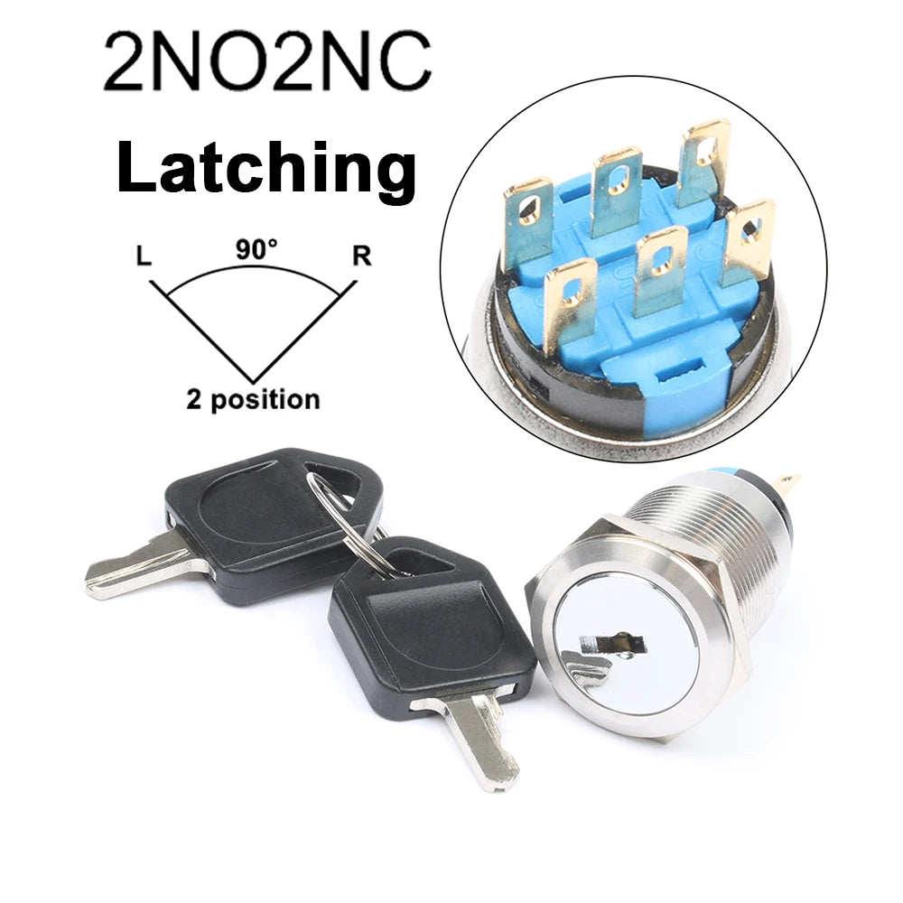2/3 Positions Rotary Buttons 16/19/22mm Metal Brass Chrome Key Push Selector Switch 2NO2NC Press Without LED 2 keys