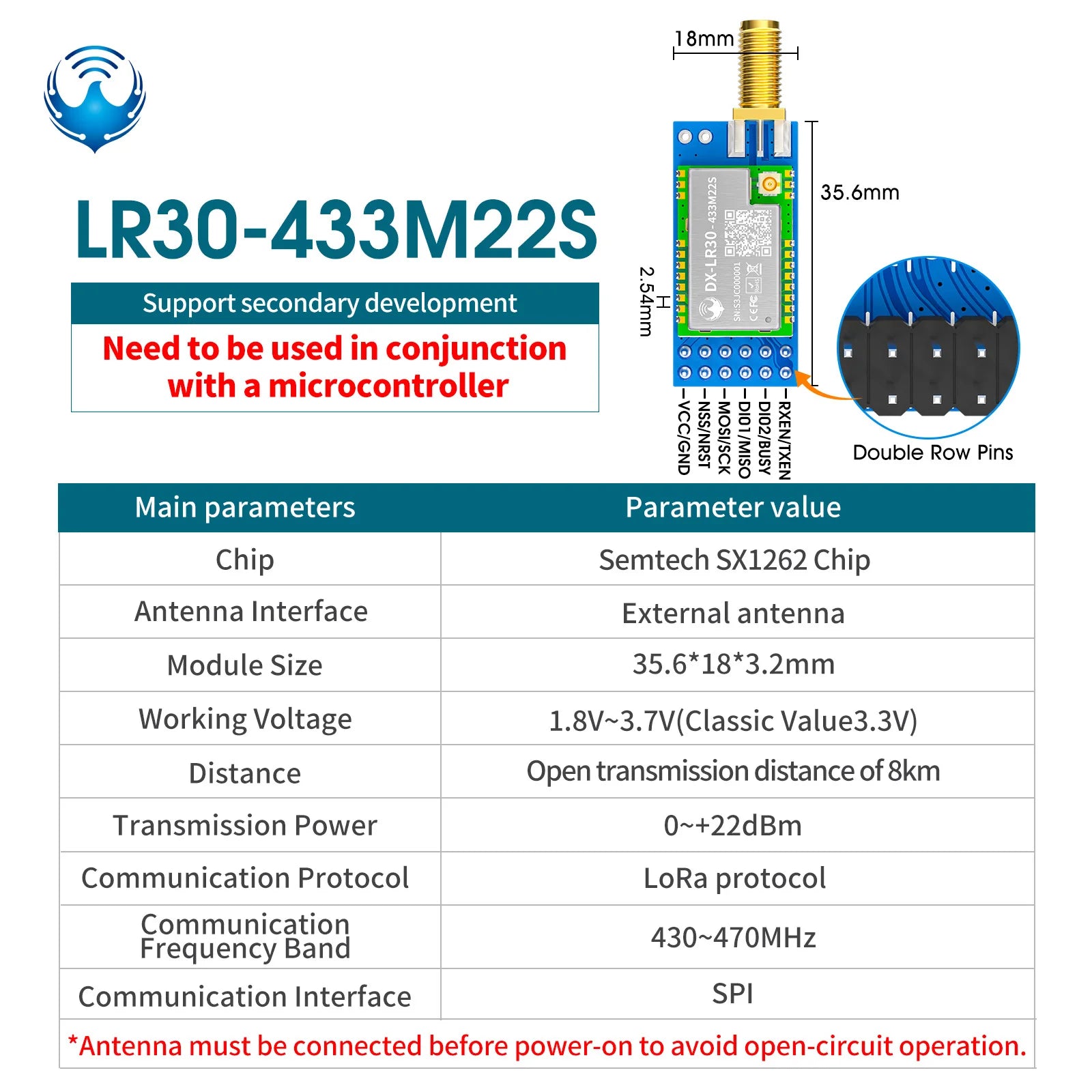 SX1262 LoRa Module Developer SET DX-LR30 430~470MHz 868~915Mhz 22dBm 8km Range 5V UART GPIO ISM Band LoRa RF Module