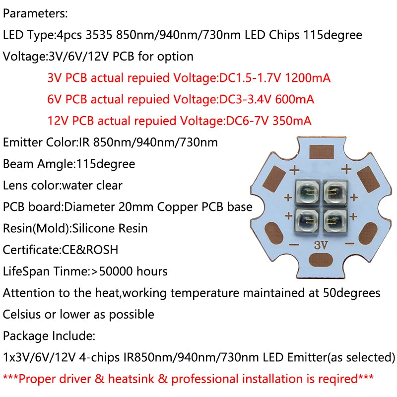 10W-12W EverLight 3535 4Chips 4-LEDs 3V6V12V Infrared IR 850nm 940nm 730nm High Power LED Emitter Diode with 20mm Copper PCB