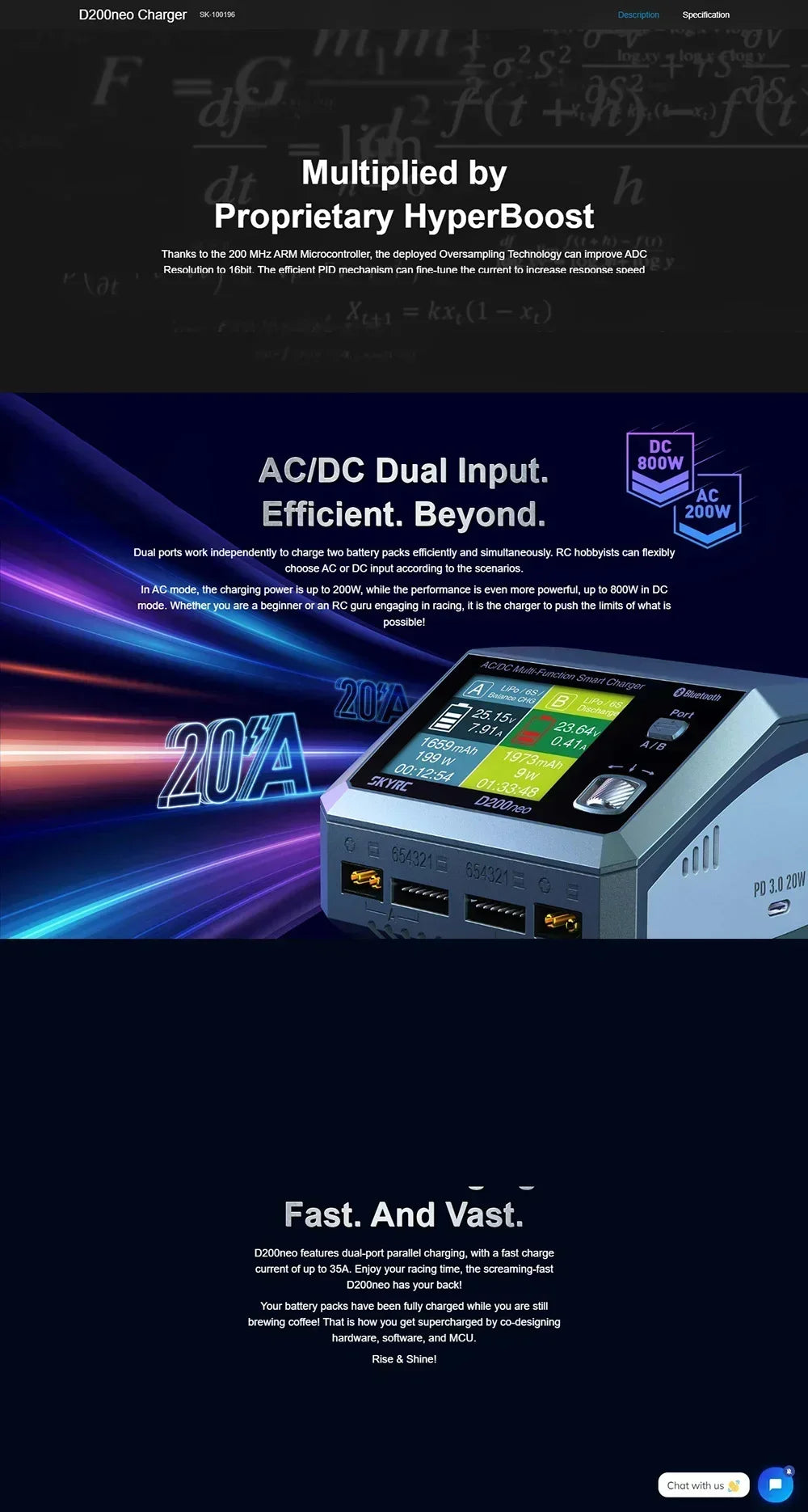 SKYRC D200neo AC 200W DC 800W Dual-Power Smart Charger 1-6S Lipo Li-ion LiFe Pb Battery Balance Charger Discharger w/ LCD Scree