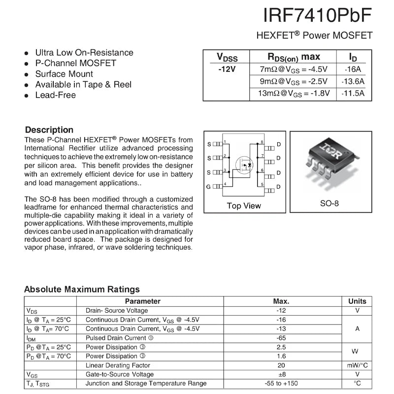 IRF7410TRPBF SOP8 IRF7410 F7410 P-channel power MOSFET field-effect transistor