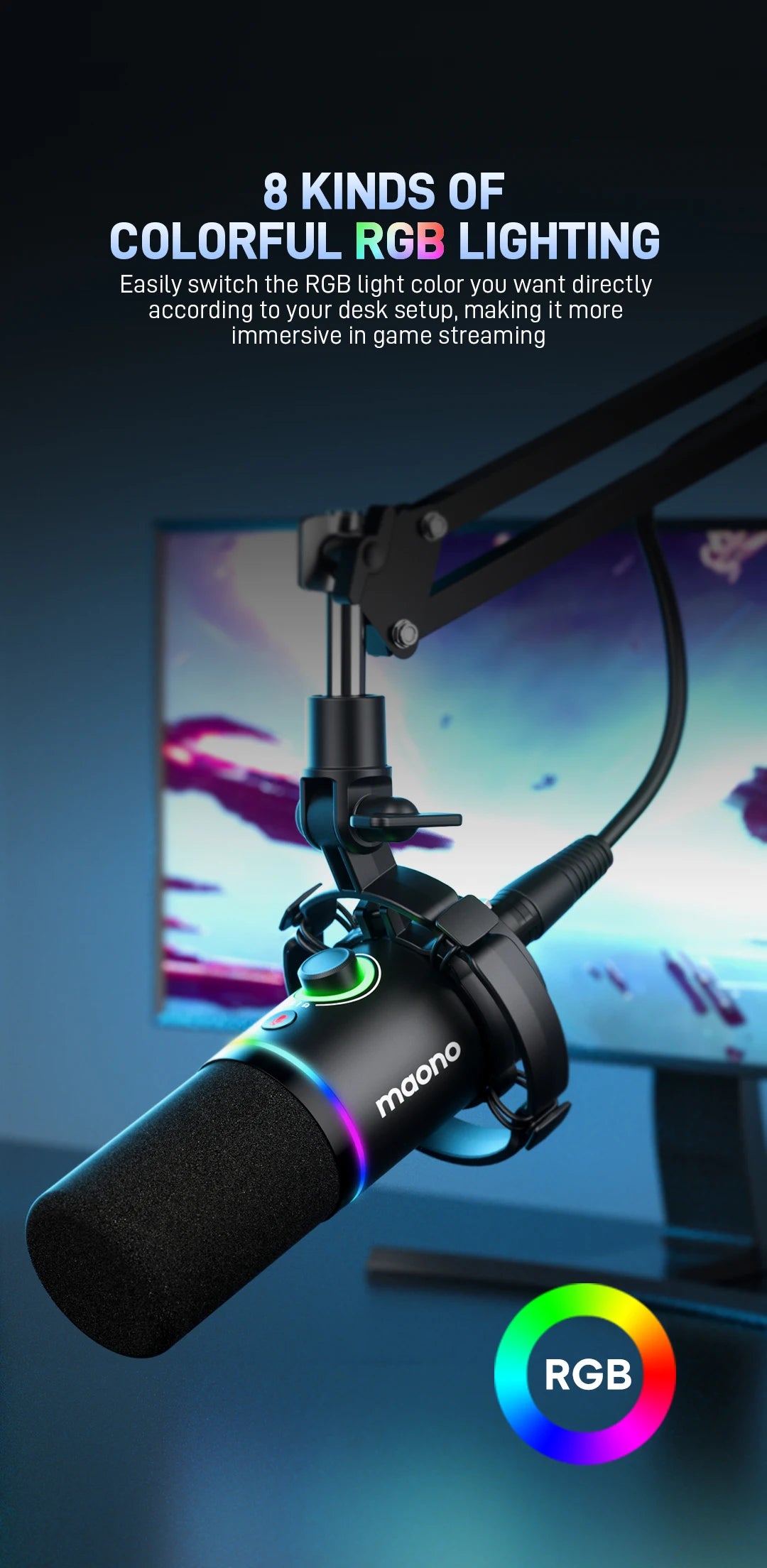 MAONO PD200X XLR/USB Dynamic Microphone for PC RGB Gaming Streaming Microphone with MAONO Link Software Mute Gain Knob Volume Control and Headphone Jack for Streaming Podcasting Recording Gaming Video