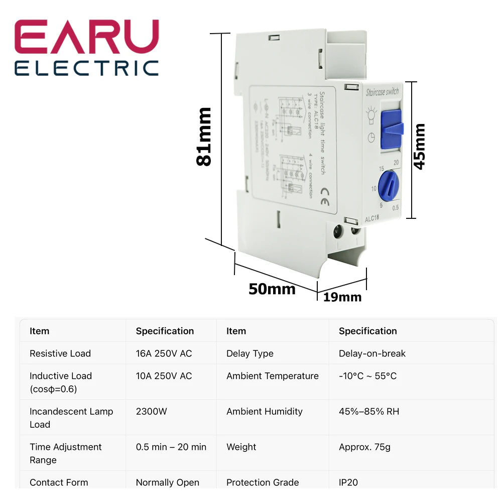 ALC18 Din Rail Mount Staircase Timer Switch 220VAC 16A Mechanical Time Delay Relay Auto-off Timer Corridor Stair Hall Lighting