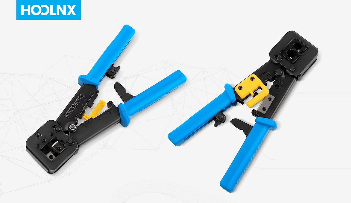 Hoolnx RJ45 Crimp Tool Pass Through Ethernet Crimper Cutter Stripper for Cat5e Cat6 RJ45/RJ12 Regular and End Pass Through Plugs
