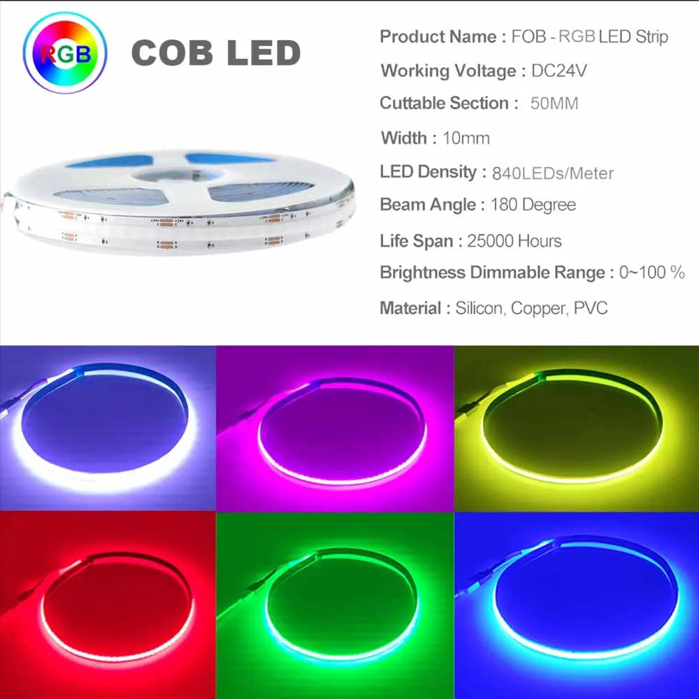 1-10M COB LED Linear Strip Lights RA90 320/608/640/840leds High Density Flexible FOB COB Dimmable Light DC24V DW/CCT/RGB/RGBCCT