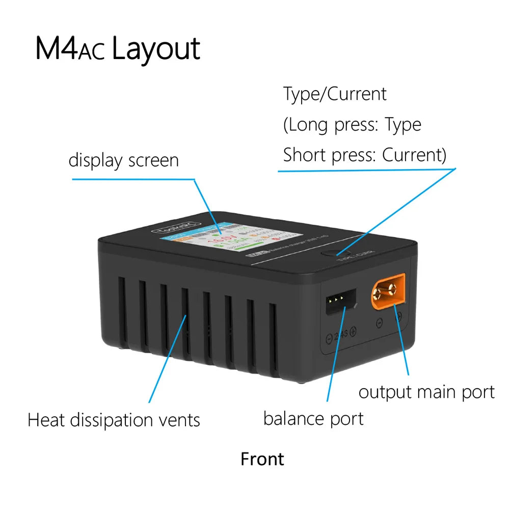 ToolkitRC M4AC 30W LiPO LiFE LiHV Compact AC Charger 1-4S XT60 Interface for RC Model FPV Racing Freestyle Drone Batteries