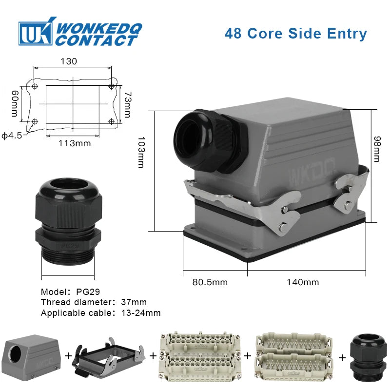 HDC HE Heavy Duty Connector 6/10/16/24/32/48 Core Pin Top/Side Outlet Aviation Plug Rectangular Waterproof Electrical Wiring