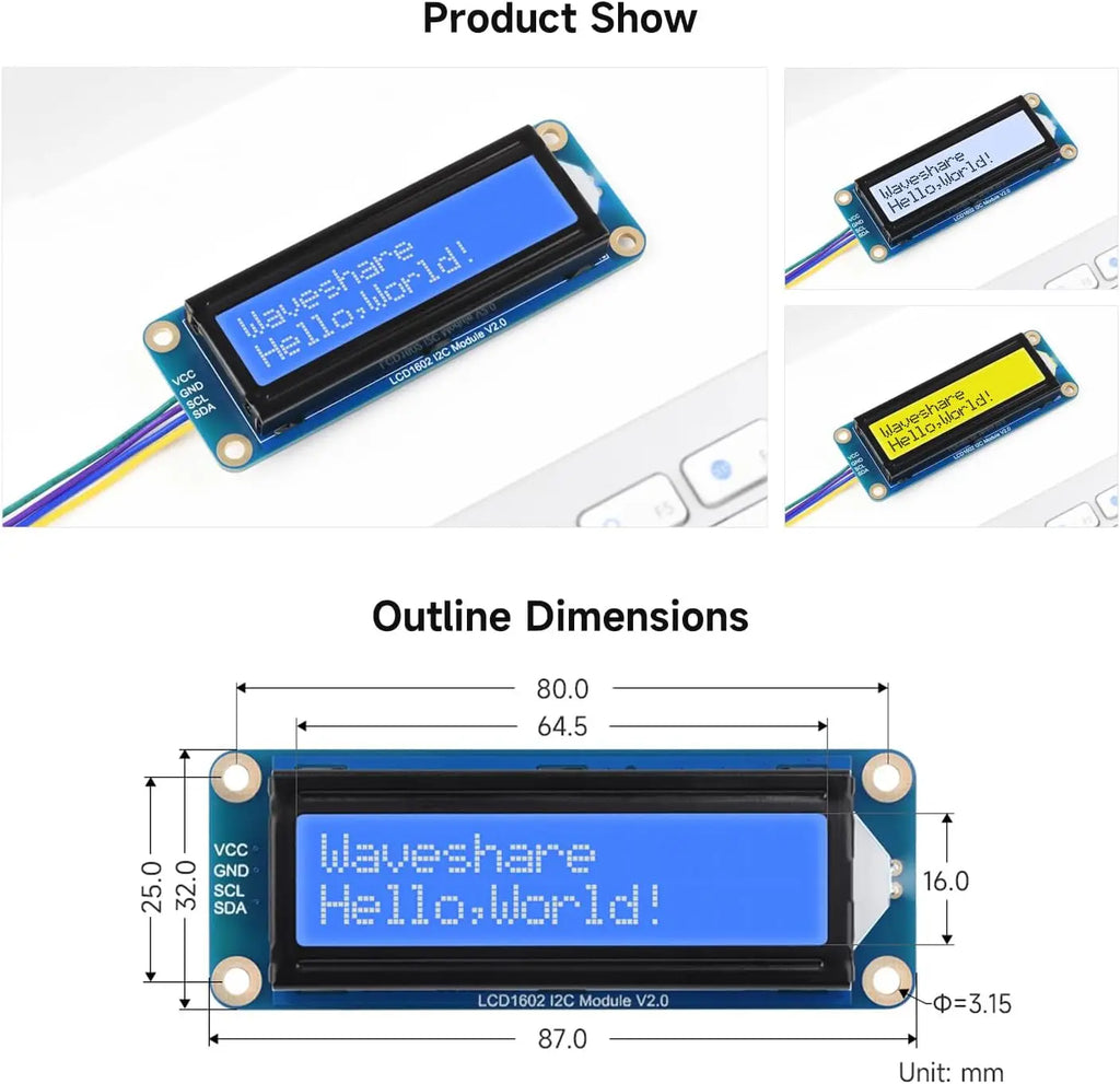 Waveshare LCD1602 I2C LCD Module 16x2 Character 3.3V/5V Backlight Adjustable for Arduino Raspberry Pi  5 Pico ESP32 Jetson Nano