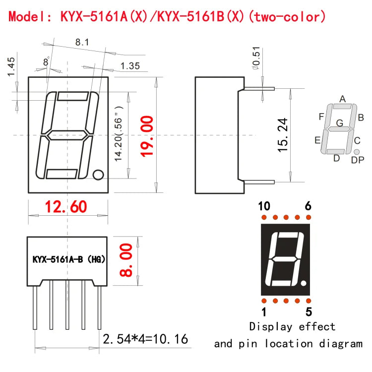 10PCS 0.56-inch 1-digit digital tube 12.6mmX19mm digital display screen "8" high 14.2mm 7-segment digital tube 5161series5611