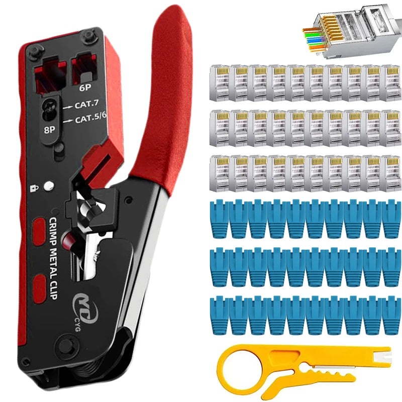 Rj45 Rj12 Rj11 Pass Through Crimp Plier Cat7 Cat6 Cat6A Cat5 Cat5e Stripping Crimping Tool with 8P/6P Ethernet Connectors