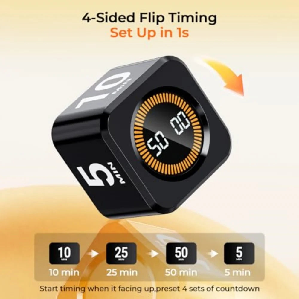Rotating Pomodoro Timer Preset, Desk Productivity Flip Timer, ADHD Tool Cube Countdown Stopwatch for Study, School, Kitchen Work