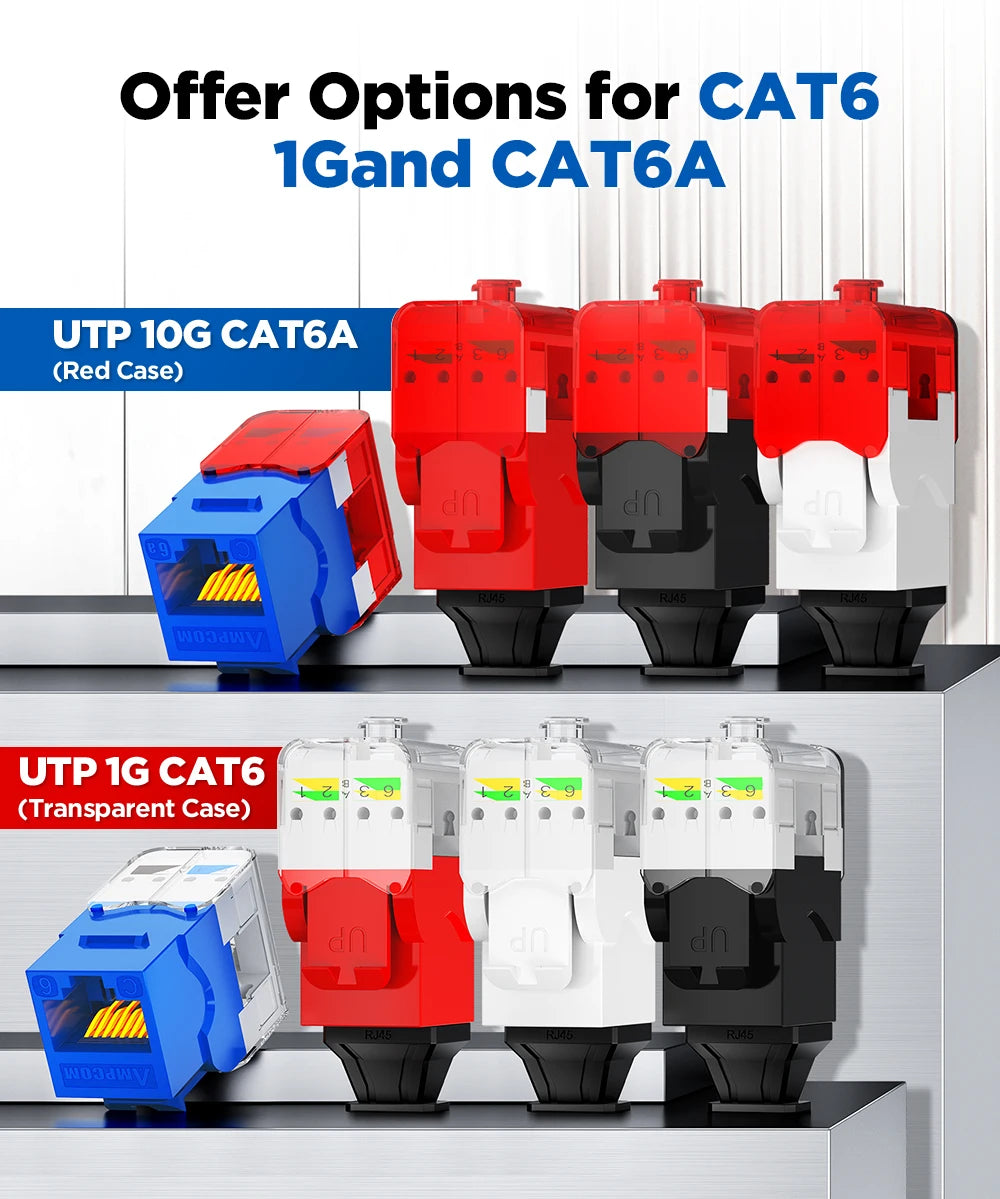 AMPCOM CAT6A CAT6 Tool Less Keystone Jack,  RJ45 UTP Keystone Module Adapter No Punch-Down Tool Couplers Modular Connector