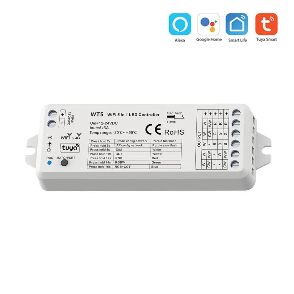 COB RGBCCT LED Strip 6Pin 840leds/m DC24V Light WT5 Wifi  WZ5 Zigbee 5 in 1 LED Controller 2.4G RF Remote Work With Alexa Google
