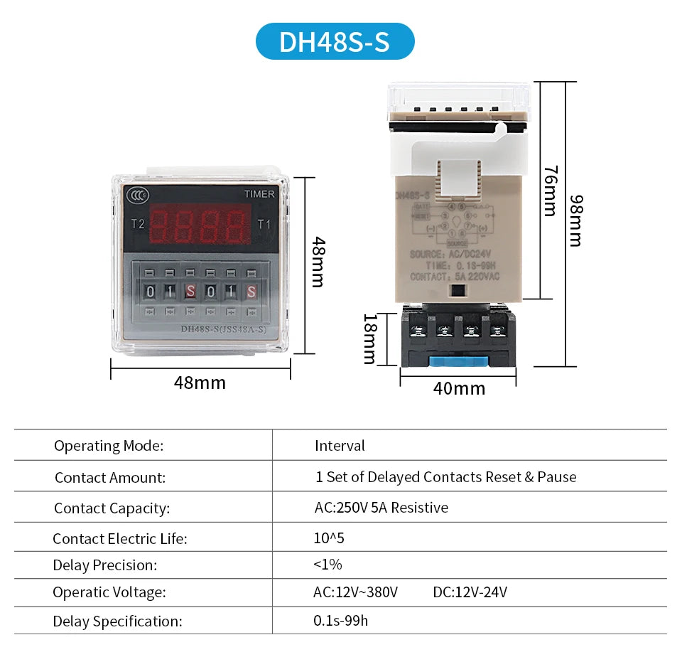 OMCH DH48S-S SPDT Timer Relay with Base DC12V/24V AC110V/220V Models DH48S-1Z/2Z DH48S-11 DH48S-S-2Z for Electrical Engineering