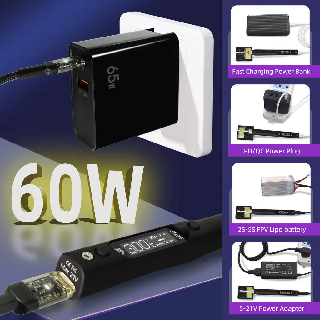 SEQURE S60P 21V Electric Soldering Iron Mobile Phone Repair Tool Support PD|QC|DC|PPS Power Supply Compatible with C210 Tips