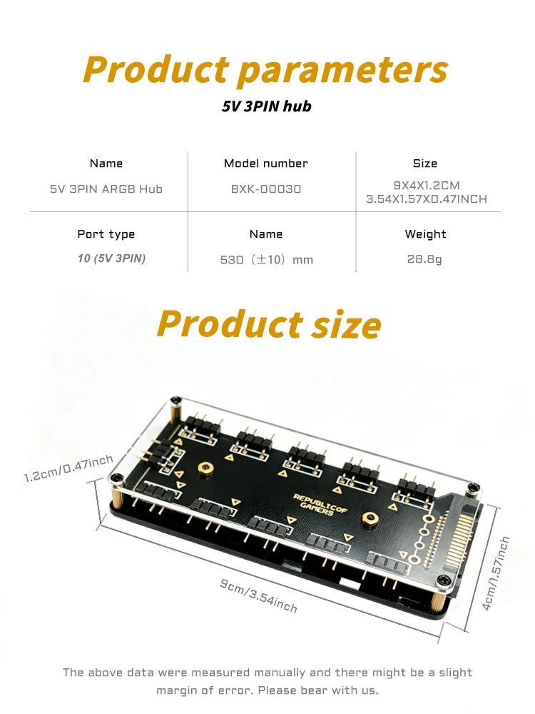10 Port 5V 3PIN ARGB Fan Hub SATA Powered RGB Splitter for PC Case Addressable RGB Fan Light Strip