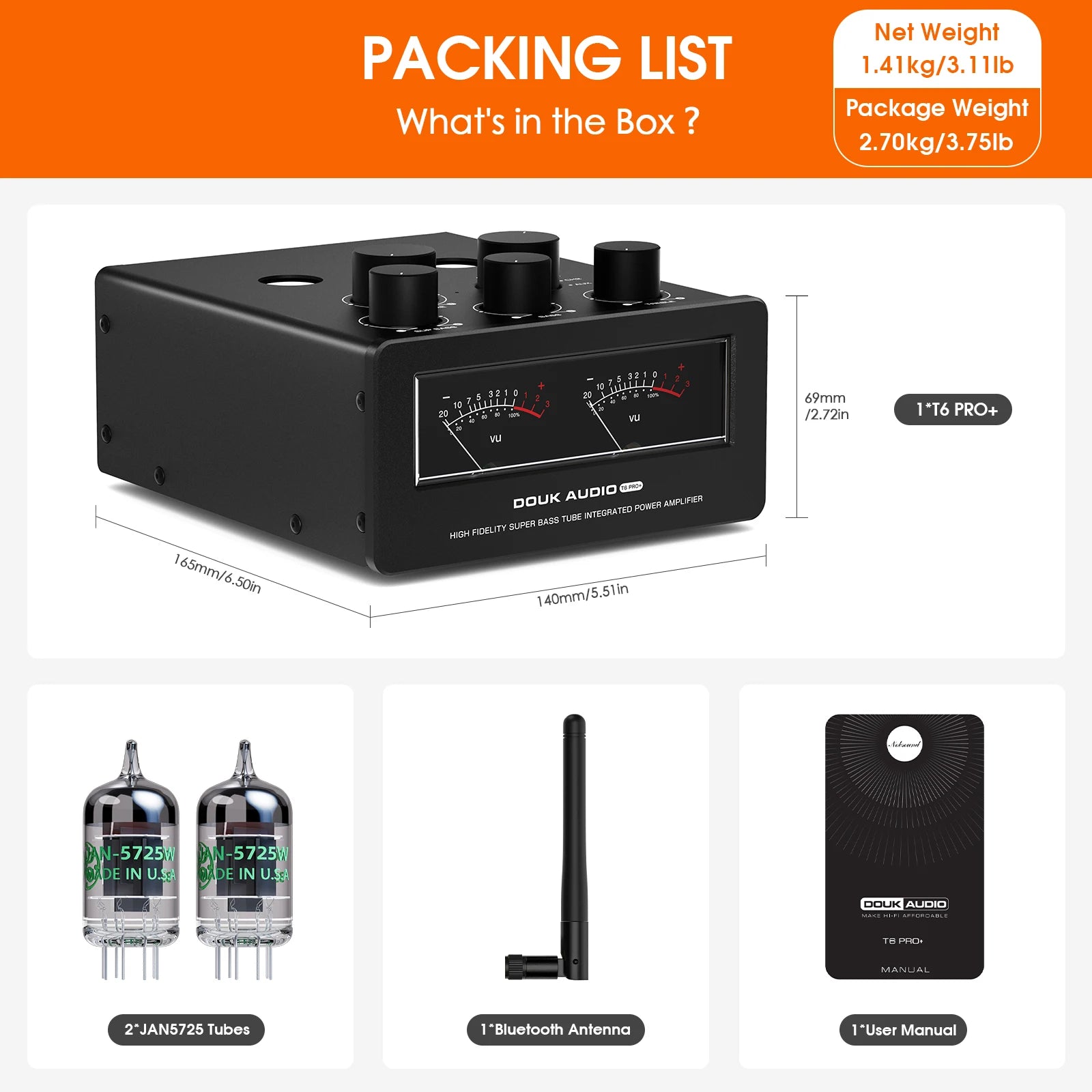 Douk Audio T6PRO HiFi JAN5725 Vaccum Tube Amplifier Bluetooth Receiver TPA3255 Power Amp with VU Meter 300W+300W