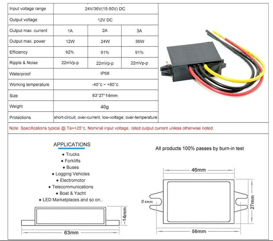 24V 36V 48V 60V to 12V 1A-5A Buck DC Power Converter 60V-12V Step-down Voltage Regulator Transformer Car Truck Boat Supply