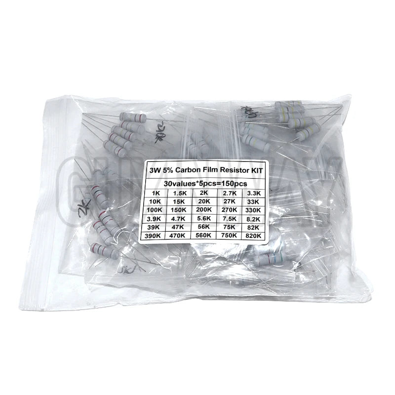 150PCS 300PCS Resistor Kit 1W 2W 3W 5W 5% 30Kinds X 10PCS Carbon Film Resistance 0.1-750 ohm Set 1k-820K 30Kinds X 5PCS