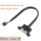 Motherboard 9-Pin to Dual Port USB 2.0 A Female With Ear Screw Hole Panel Data Extension Cable DuPont 2.0/2.54mm 9Pin Terminal