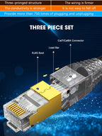 ZoeRax CAT8 CAT7 CAT6A Connector, Non-Pass Through RJ45 Connectors, 3-Prong 50μ Gold Plated with Strain Relief Boots