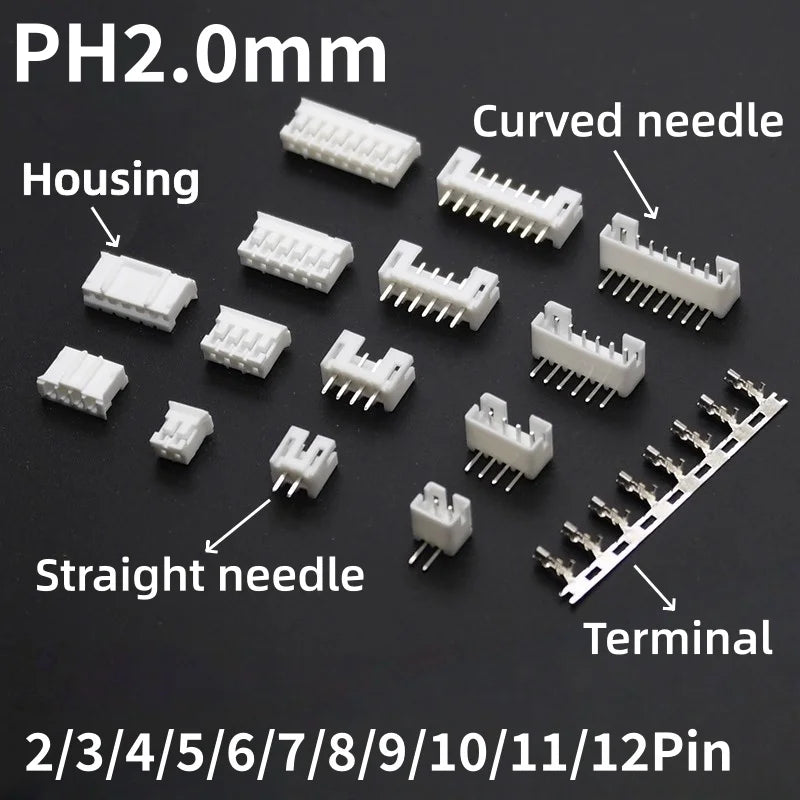 PH2.0mm Connector 2.0mm Pitch 2p3p4p5p6p7p8p 10p 11p12p 13p 15p 16pin Housing Straight/ Curved Pin Header Terminal JST PH2.0mm