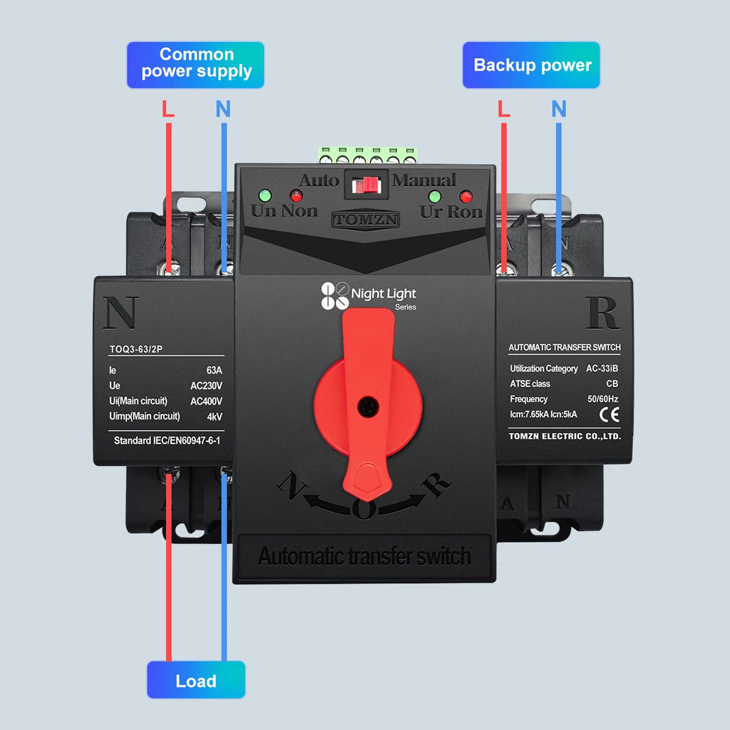 TOMZN TOQ3 Built-in Circuit Breaker Short-circuit Protection Overload Protection 2 Input 2/1 Output 2P 4P 63A 125A Night Light