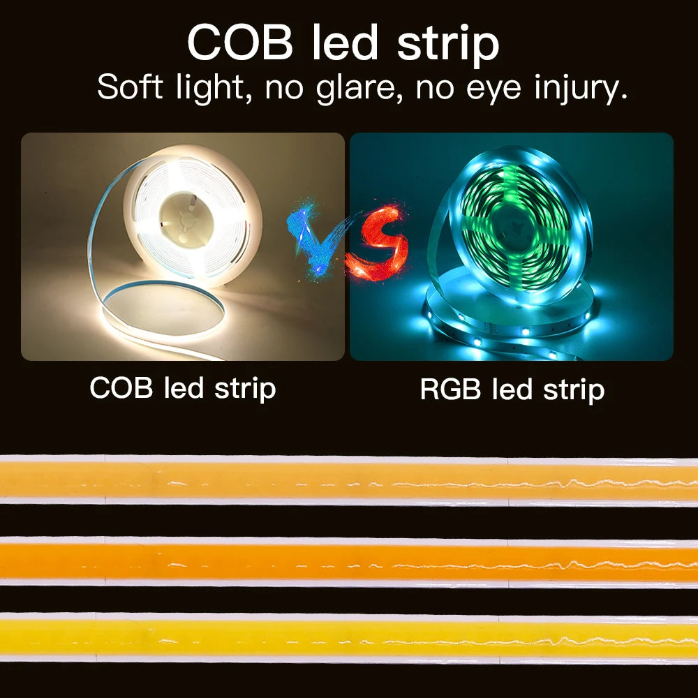 3MM 5MM 8MM COB LED Strip DC 5V/12V/24V High Density Flexible LED Strip Light with Adhesive TV Backlights Home Cabinet Lighting