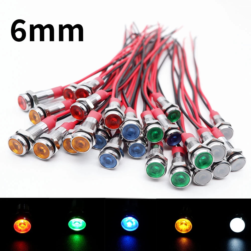 5pcs 6mm Metal Indicator Light LED Warning Signal Lamp Pilot With Wire 3V 5V 6V 12V 24V 220V Red Orange Blue Green White
