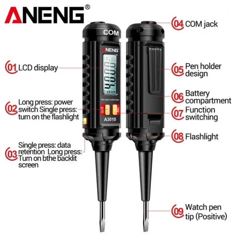 A3010 Pen-Type Digital Multimeter 4000 Counts True RMS Auto Range AC DC Tester with Backlight LCD Display