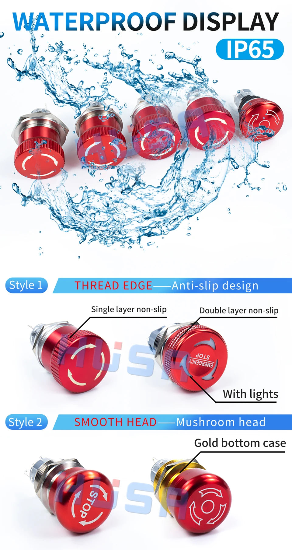 16mm 19mm 22mm metal emergency stop button switch stainless steel waterproof mushroom head Rotation reset Anti-slip thread