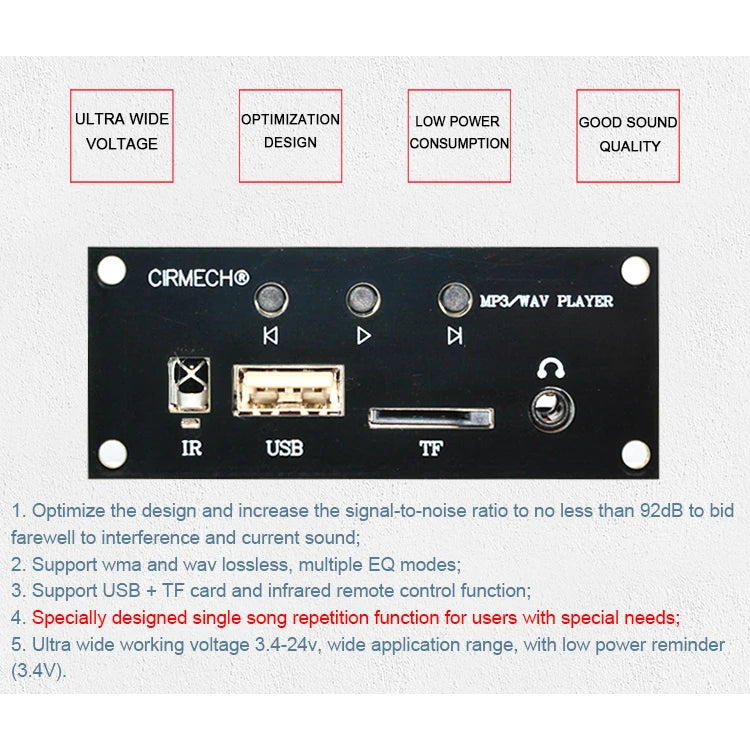 CIRMECH USB U-Disk T-Flash Micro SD Card Decoder MP3 Player Support MP3 WAV Remote Control Single Repeat Function