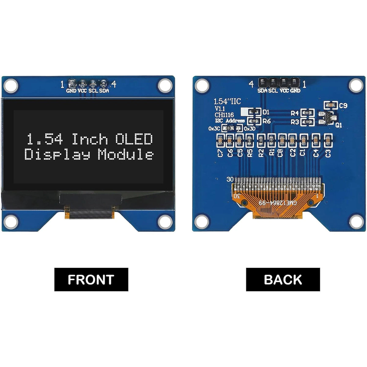 1.54 Inch OLED Module 12864 128x64 SSD1309 Driver IIC I2C Serial Interface Self-Luminous Display Board for Raspberry Pi 4 Pin