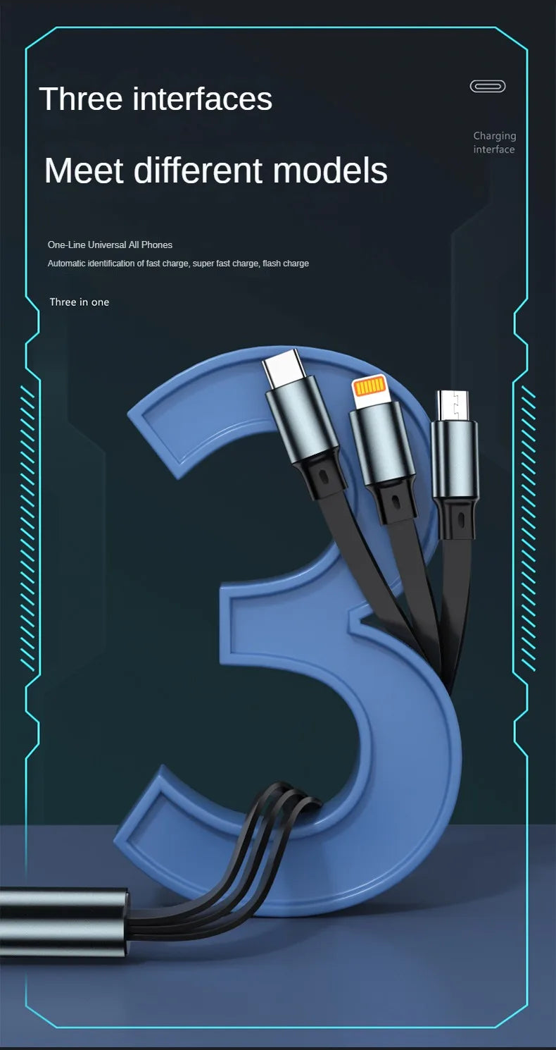 3 In 1 Retractable USB 100W Cable Fast Charging And Data Micro USB Type C For iphone6-14 Android Phone Xiaomi Huawei OPPO