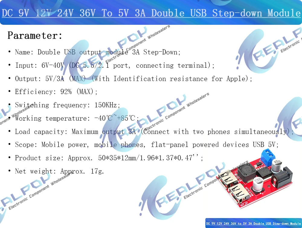 LM2596 LM2596S Dual USB DC-DC 9V 12V 24V 36V to 5V 3A Step Down Buck Converter Board Car Charger Solar Power Supply Module