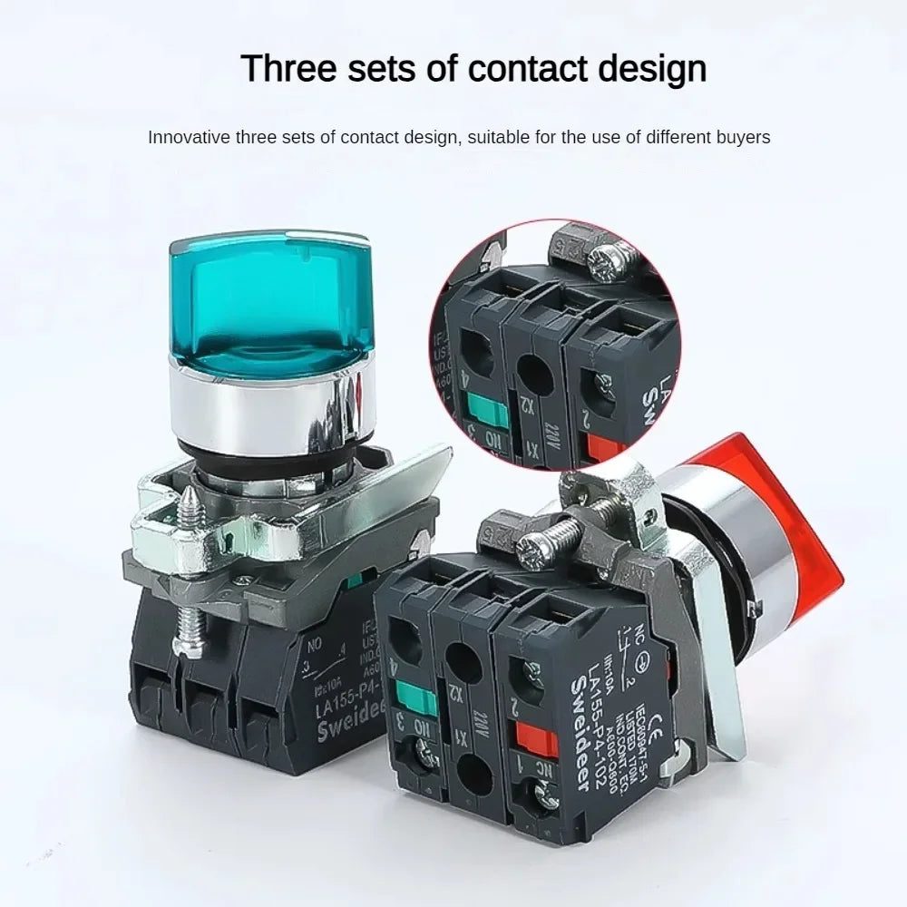 XB4 Knob Switch with Light 22mm 2/3Position Self Locking 1NO/2NO/1NO1NC Select Rotary Switch with LED 12V 24V 220V 10A Red Green