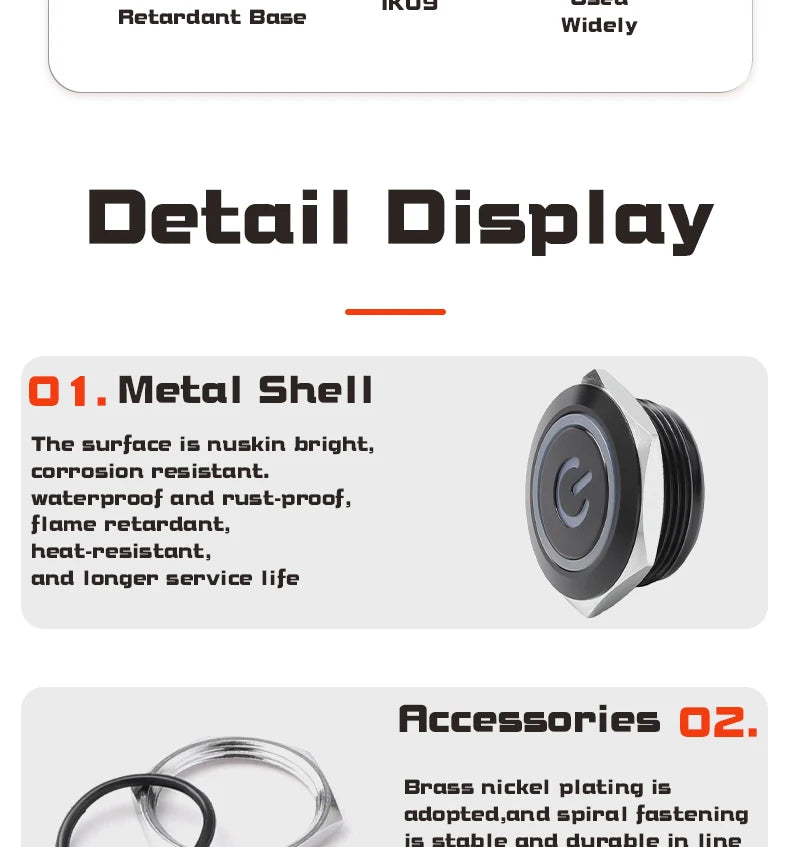 12/16/19/22mm Short Stroke Oxide Blcak Shell Metal Button Switch Waterproof Flat Head With Power LED Light Momentary 1NO 6V 24V