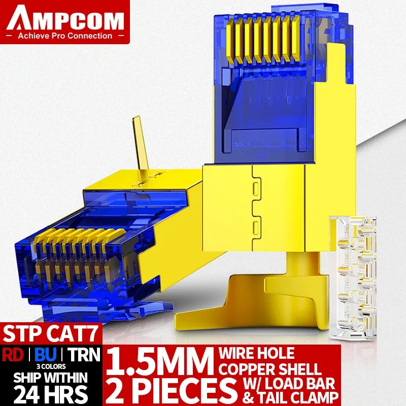 AMPCOM CAT7 RJ45 Connector, Pass Through CAT6A RJ45 Ethernet Plug for CAT 7 Solid or Stranded Network Cable with 1.5mm Load Bar