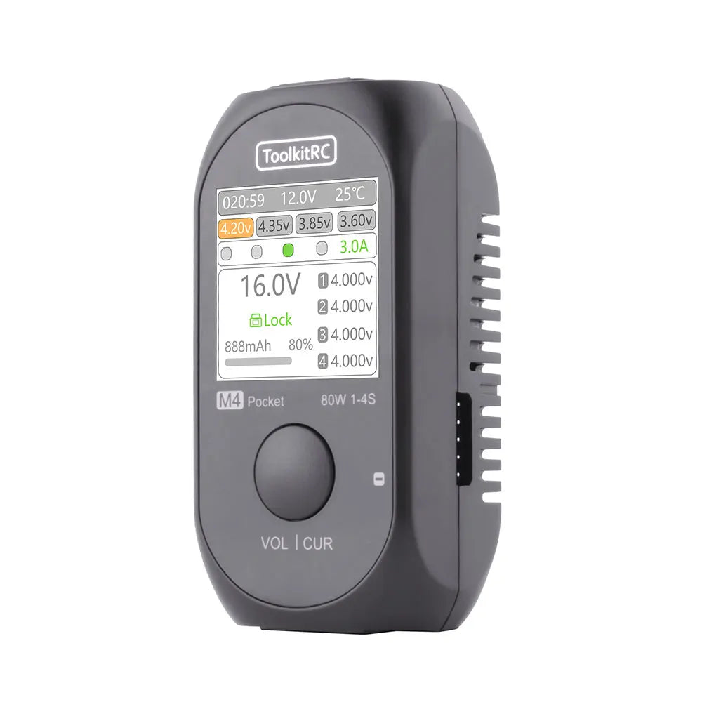 ToolkitRC M4 Pocket Balance Charger DC 80W 5A XT30 XT60 Input USB-C Input/Output Charger for 1-4S LiPo Battery
