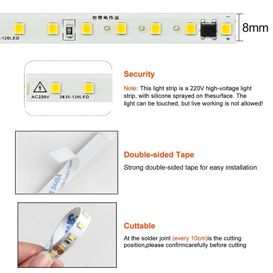 AC220V 230V LED Strip 120LEDs/m 2835 Home Strip High Brightness Ice Blue Green Yellow Pink Flexible And Cuttable Soft Lamp Bar