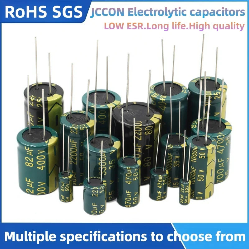 JCCON 6.3v 10v 25v 35v 50v 63v 100v 400v 450v 1uf 47uf 220uf 330uf 470uf 1000uf 1500uf 3300uf LOW ESR DIP Electrolytic capacitor