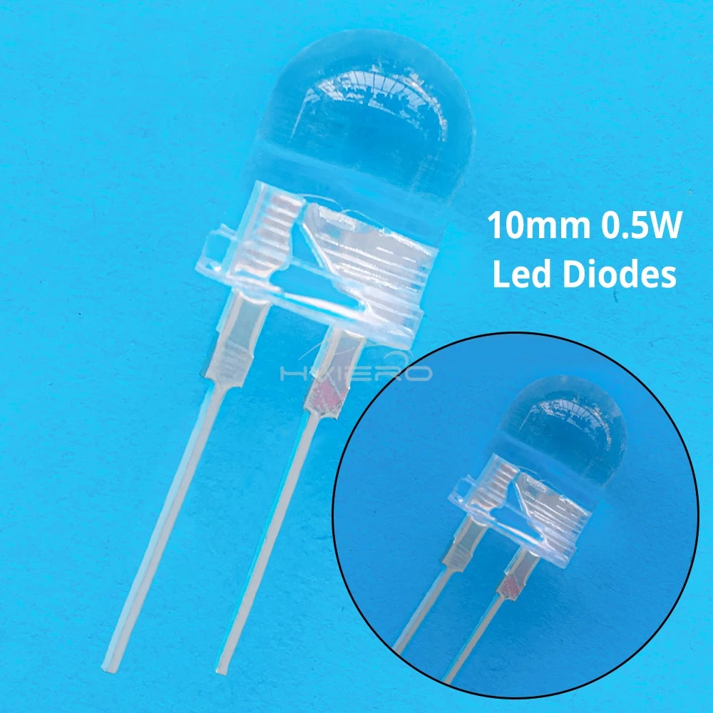 50pcs 10mm White Red Green Blue Yellow Diode Led Round 0.5W Power Light 3.2~3.6V LED Lamp Bead Light-emitting Diodes 30KMCD Bulb