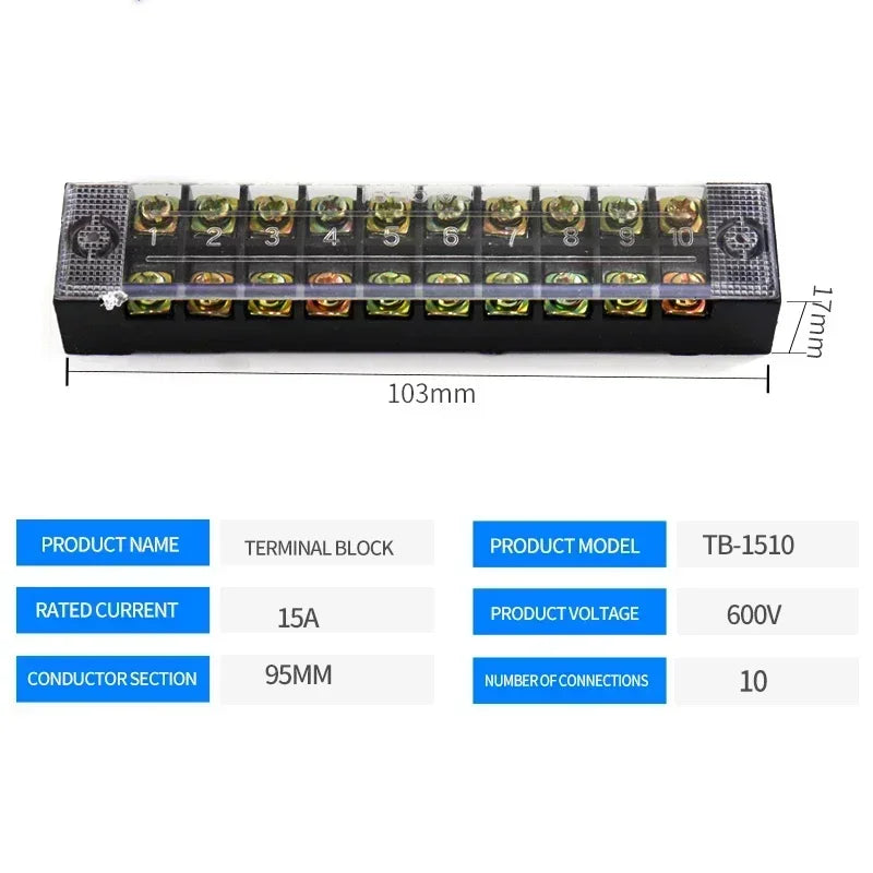15A/25A/45A 600V Dual Row Barrier Screw Terminal Block Wire Connector TB Series 3/4/5/6/8/10/12 PIN Optional TB-1503 TB-2503