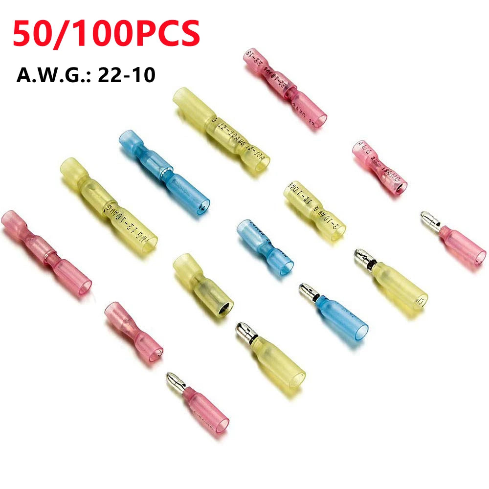 50/100PCS Heat Shrink Bullet Connectors Elelctrical Cable Butt Crimp Terminals Female Male Waterproof Insulated Wire Terminals