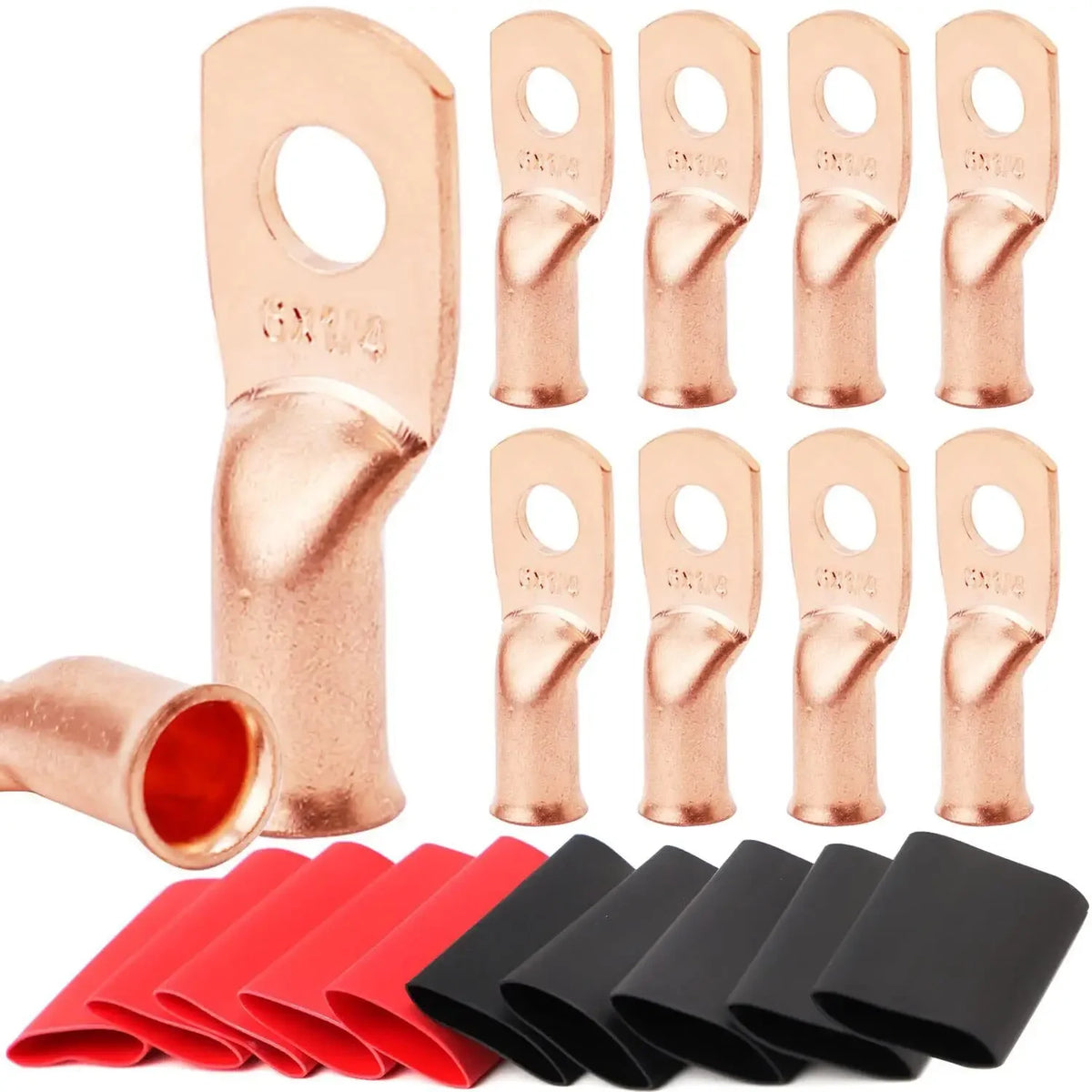 10pcs Copper Terminal Connectors, AWG 2 4 6 8 1/0 2/0 Ring Lug With Shrink Tubing 10Battery Cable Lugs, With 10 Shrink Tubing