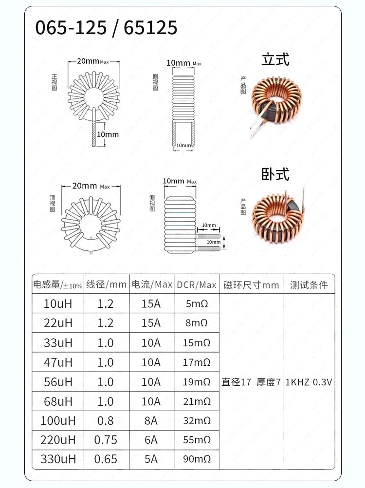 5Pcs Toroid core Inductors 65125 Winding Magnetic Inductance 22uH 33uH 470uH Inductor Iron Gauge Aluminum Magnetic Ring Coil