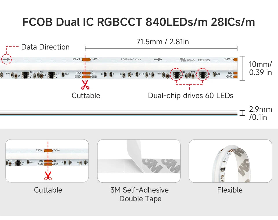 FCOB SPI RGBCCT IC LED Strip Light WS2811 Dual IC Addressable 840 LED Dream Color RGB+CW WW FOB High Flexible COB Lights DC24V