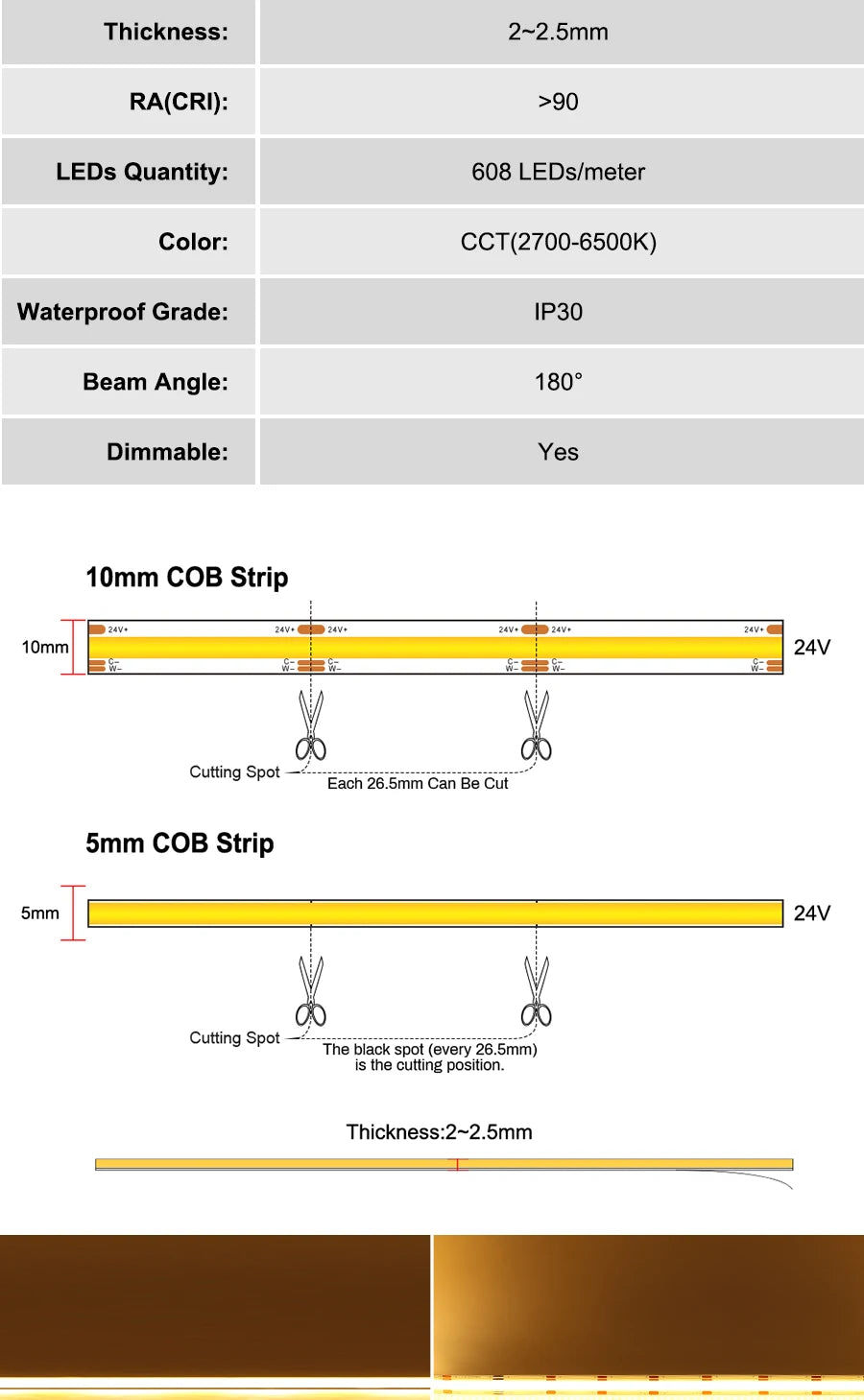 1-10M CCT 2700K-6500K Dimmable LED Strip 5mm 10mm COB LED Strip Light CCT Strip Tuya WiFi Controller Linear LED Tape With Dimmer